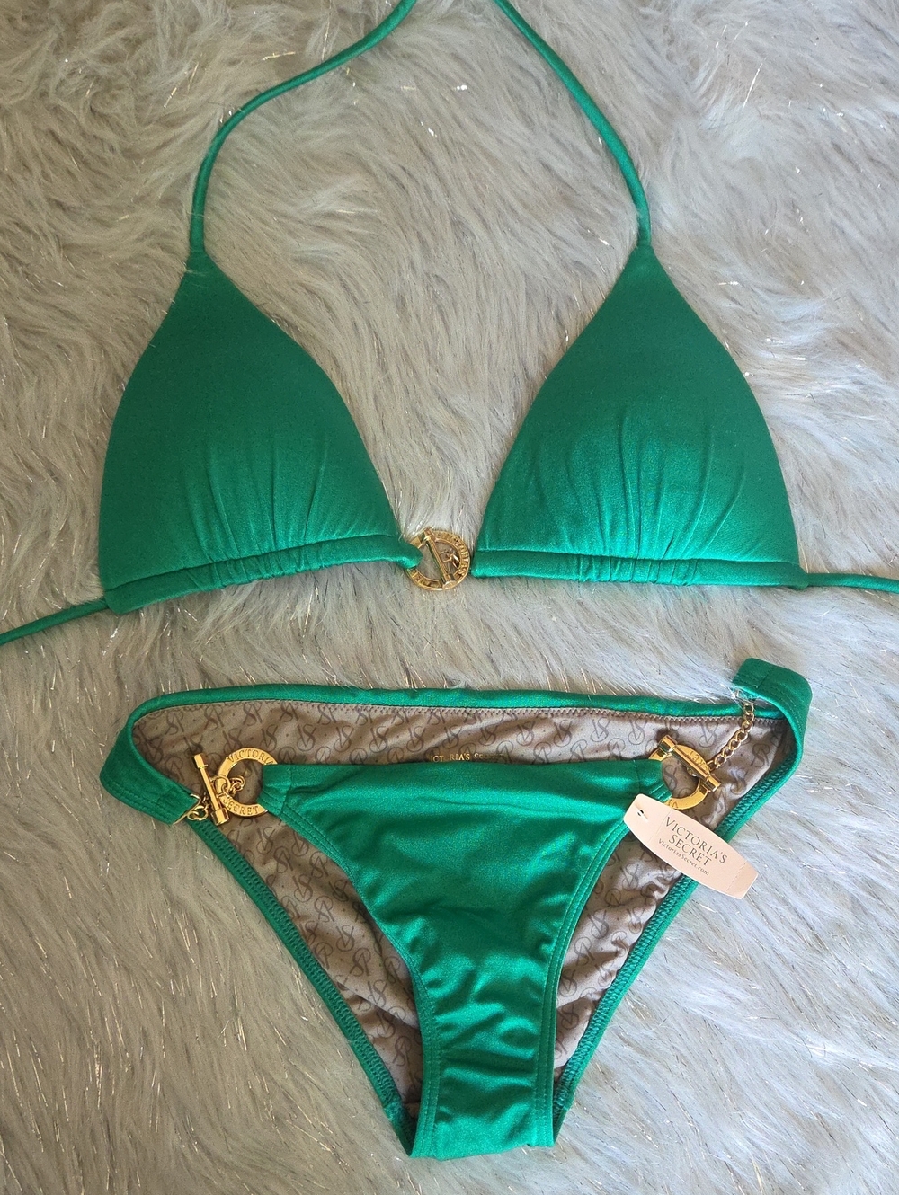 Victoria's Secret Emerald Green Triangle Bikini with Gold Accents